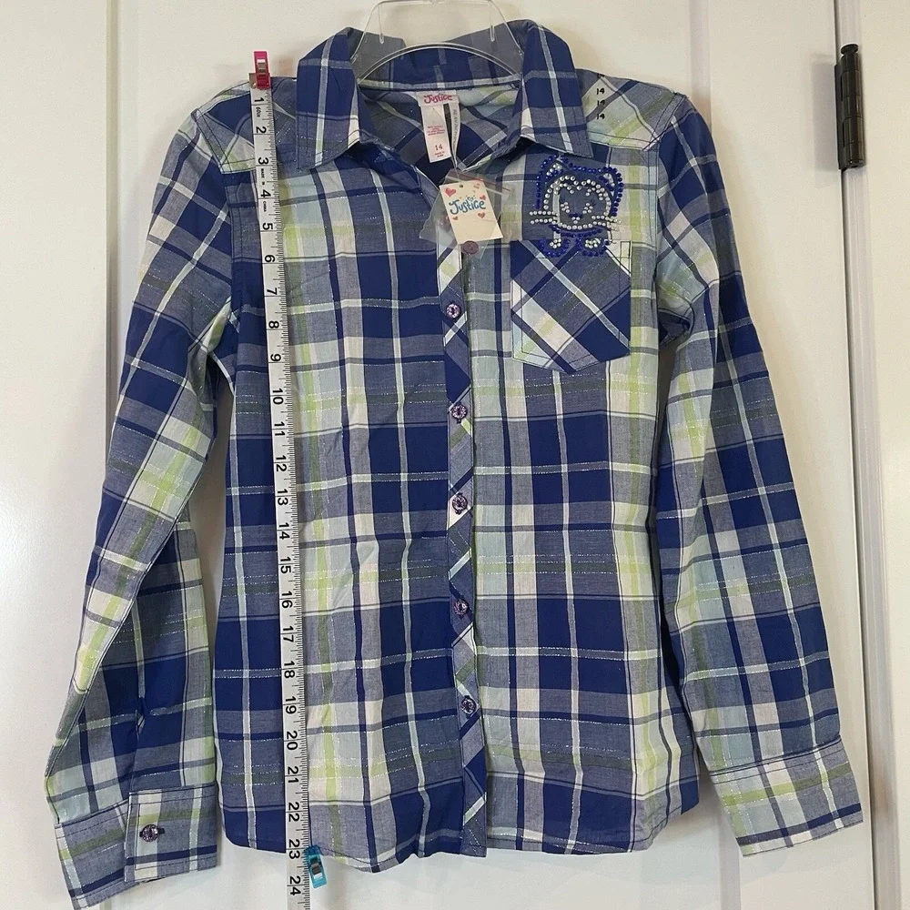 NWT Girls Shirt Top Blue‎ Plaid Roll Tab Long 3/4 Sleeve Cowgirl Cottage Prairie